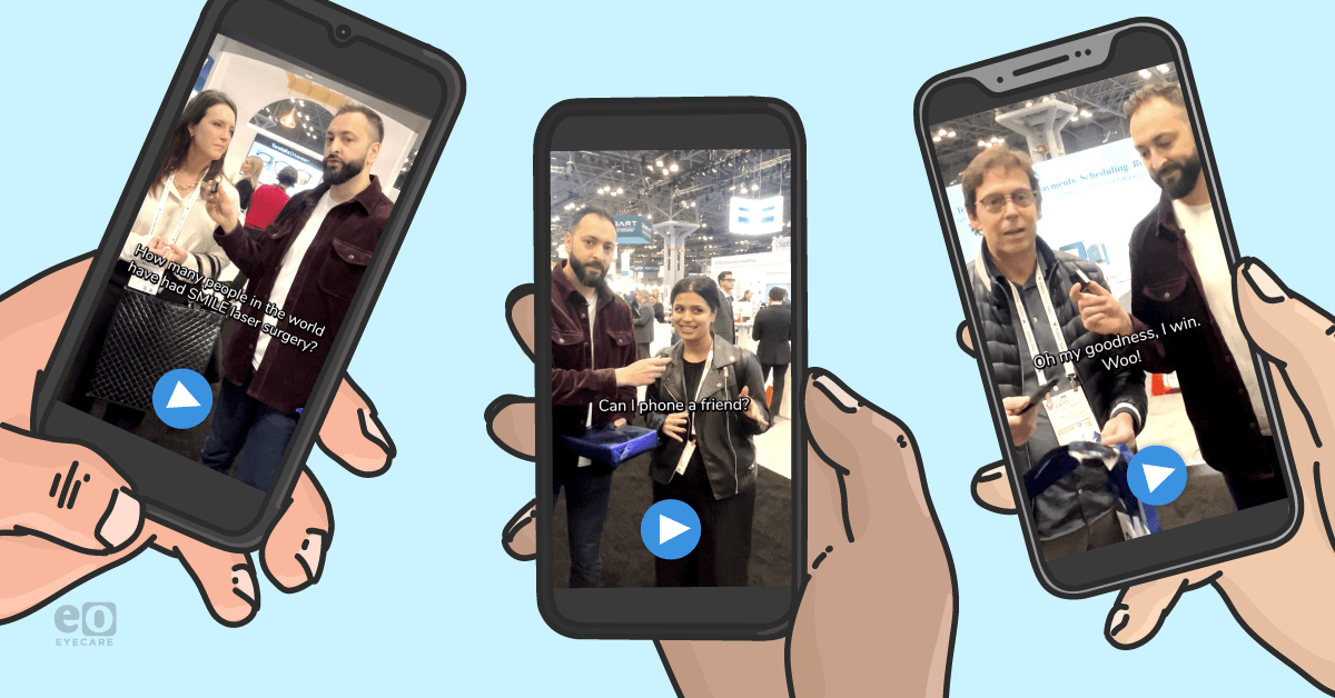 Image of three phones playing videos of the game $1 or Mystery Gift on the topic of small incision lenticule extraction (SMILE) refractive surgery.