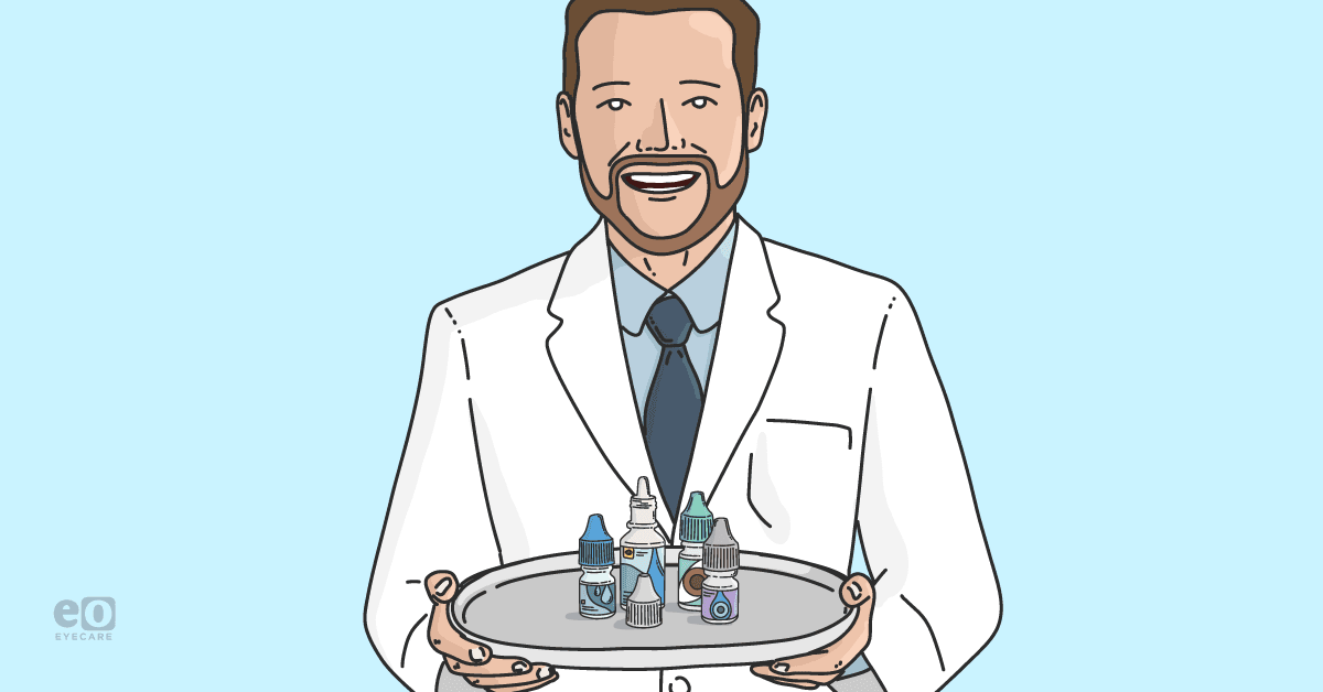 Image of an optometrist holding a tray with vials of pharmacologic therapies for dry eye.
