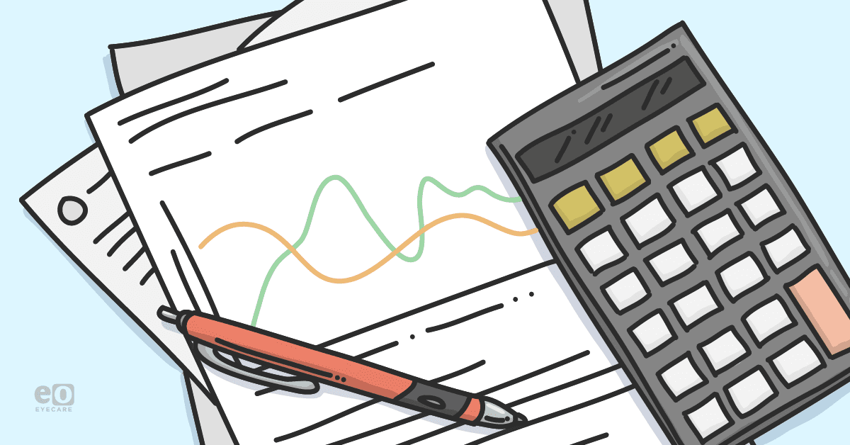 Image of papers with financial trend graphs and a calculator to represent personal finance basics for optometrists.
