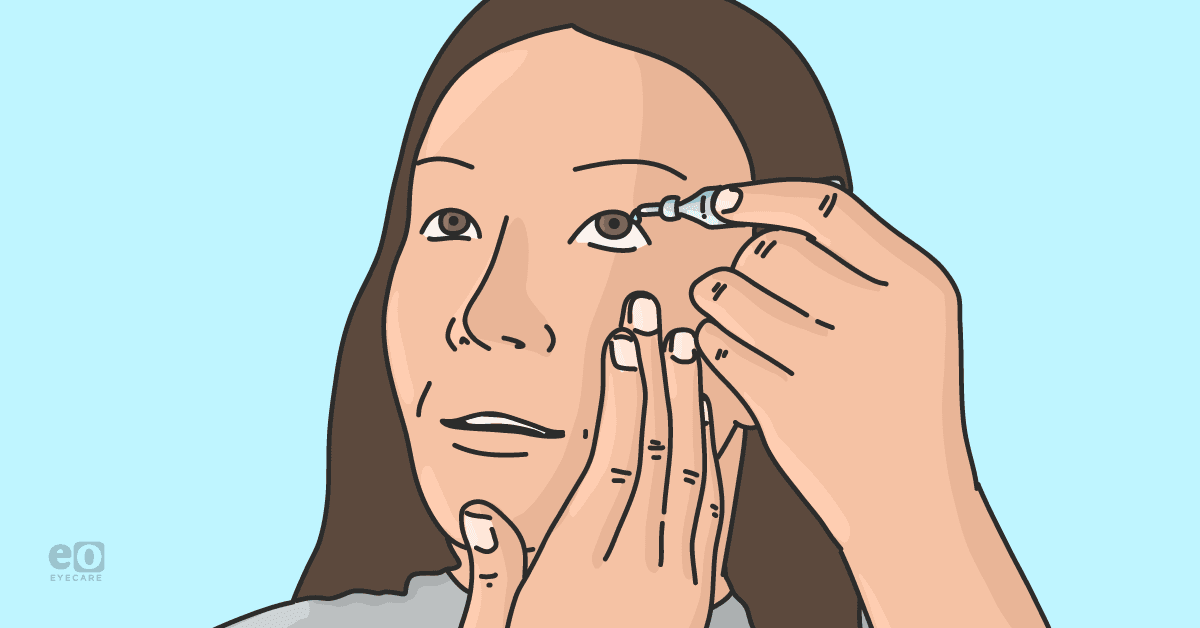 Image of a woman instilling a drop of Qlosi, a pharmacologic treatment for presbyopia.